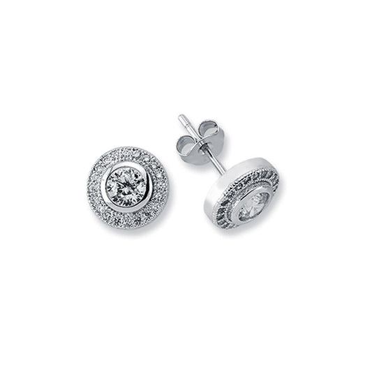 Womens Rhodium Plated Silver Round CZ Halo Stud Earrings 5mm 9mm - AES117A