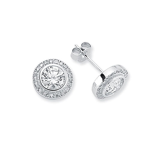 Womens Rhodium Plated Silver CZ Halo Stud Earrings 6mm 10mm - AES117B