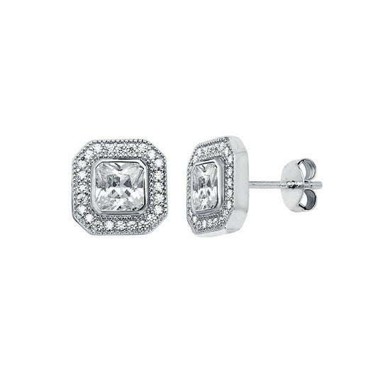 Womens Rhodium Silver Square CZ Halo Stud Earrings 5mm 9mm - AES118