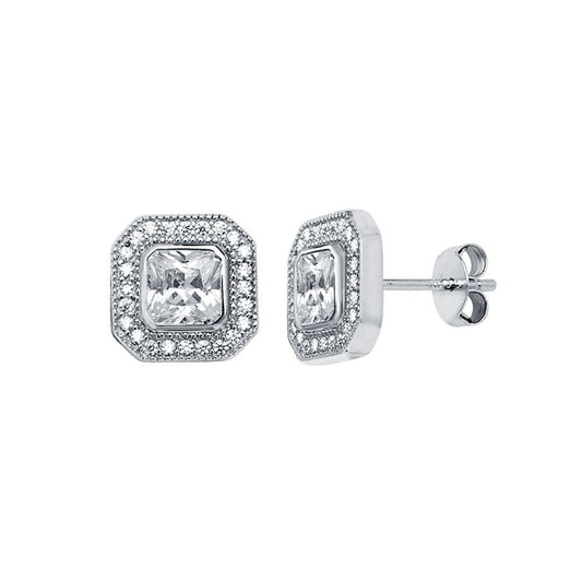 Womens Rhodium Silver Square CZ Halo Stud Earrings 5mm 9mm - AES118