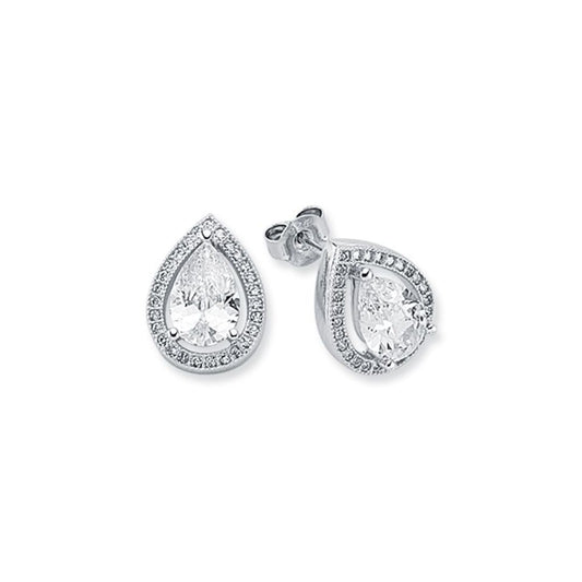Womens Rhodium Silver Pear CZ Halo Stud Earrings 6x9mm 10mm - AES119A