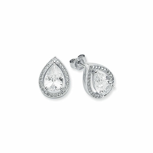 Womens Rhodium Silver Pear CZ Halo Stud Earrings 6x9mm 10mm - AES119A
