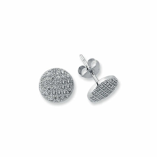 Womens Rhodium Plated Silver CZ Pave Button Stud Earrings 9mm - AES121