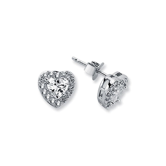 Womens Rhodium Silver Heart CZ Cluster Stud Earrings 6mm 9mm - AES124