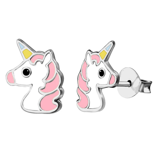 Silver Enamel Cute Cartoon Unicorn Stud Earrings 9mm - AES127