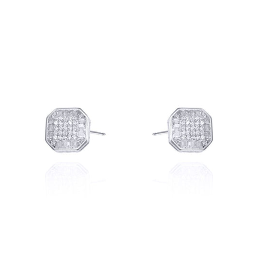 Silver Round & Baguette CZ Square Octagonal Stud Earrings - AES128