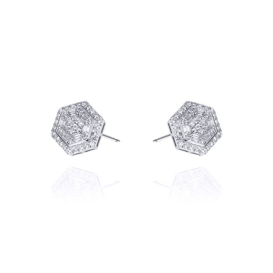 Sterling Silver Baguette CZ Hexagon Honeycomb Stud Earrings - AES129