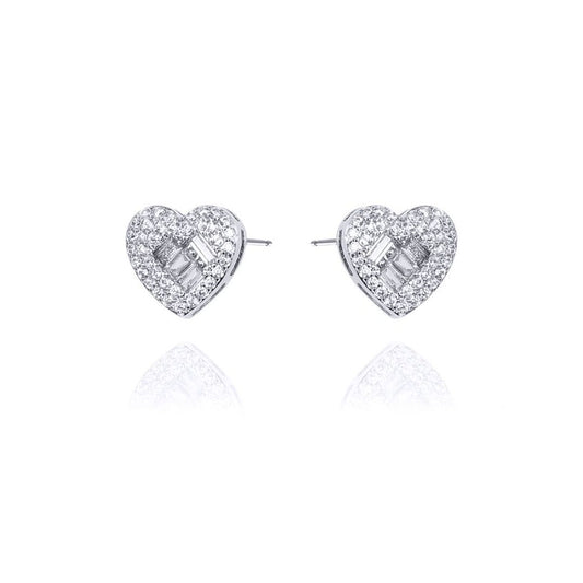 Sterling Silver Round & Baguette CZ Love Stud Earrings - AES131