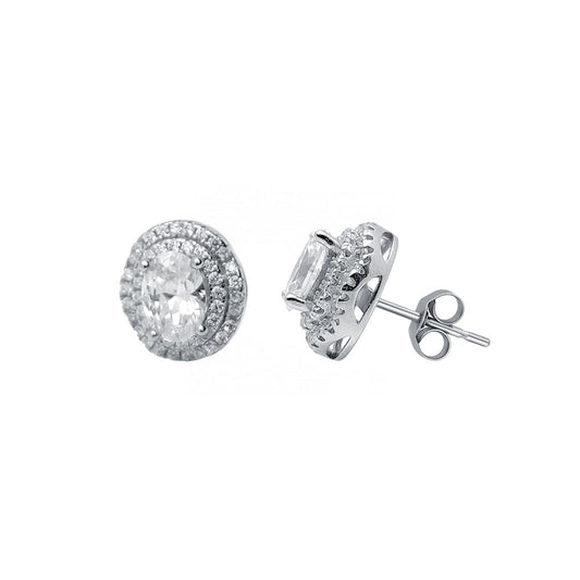 Silver Round & Oval CZ 3-tier Wedding Cake Stud Earrings - AES134