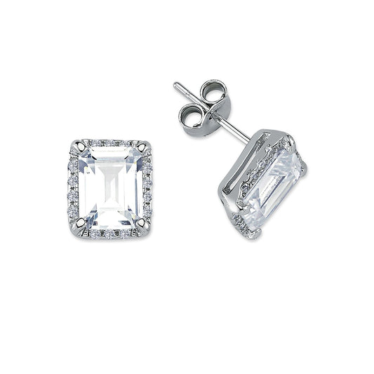 Silver Round & Emerald-cut CZ Halo Solitaire Stud Earrings - AES136