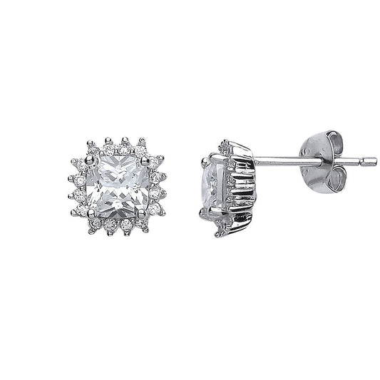 Silver Round & Cushion CZ Spikey Halo Solitaire Stud Earrings - AES137