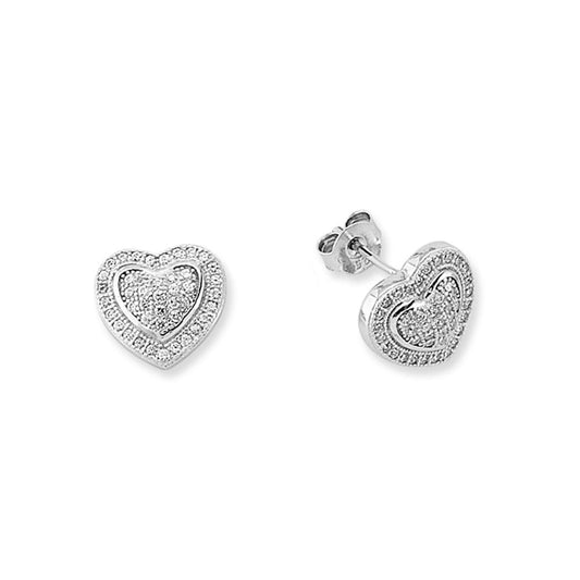 Sterling Silver CZ Love Heart Domed Pillow Stud Earrings - AES139