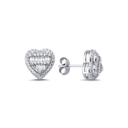 Sterling Silver Baguette CZ Tiered Love Heart Stud Earrings 10mm - AES140