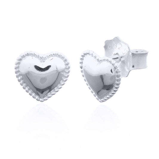 Silver Rope Edge Domed Puffy Love Heart Stud Earrings - AES142