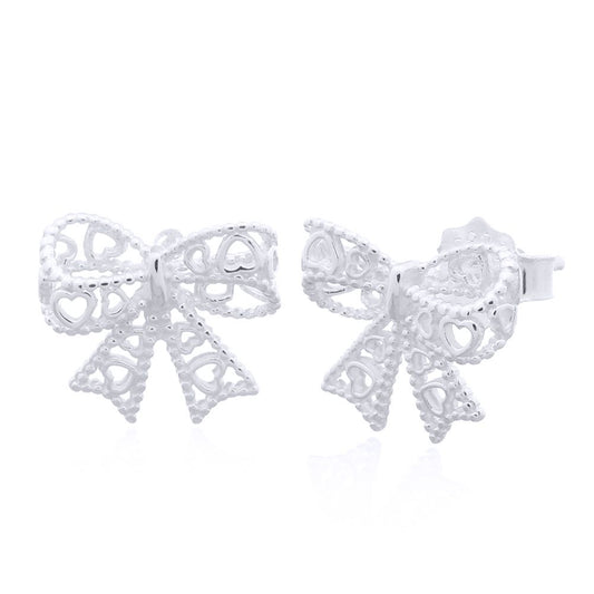 Silver Love Heart Bow Tie Ribbon Stud Earrings - AES147