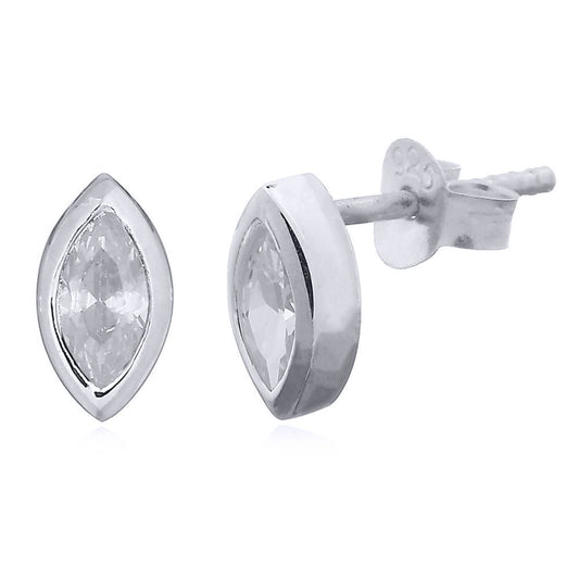 Silver White Marquise CZ Cats Eyes Bezel Solitaire Stud Earrings - AES153