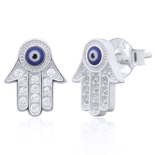 Silver Round CZ Anti Evil Eye Beaded Hamsa 5 Hand Stud Earrings - AES156