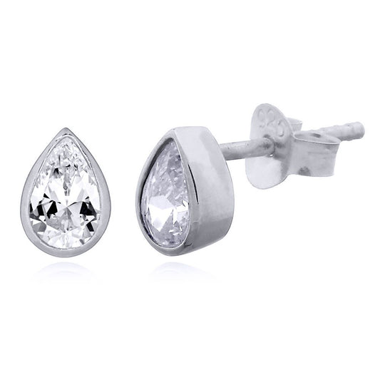 Silver White Pear CZ Bezel Solitaire Tears of Joy Drop Earrings - AES157