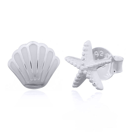 Silver Enamel Scallop Sea Shell Starfish Stud Earrings - AES162