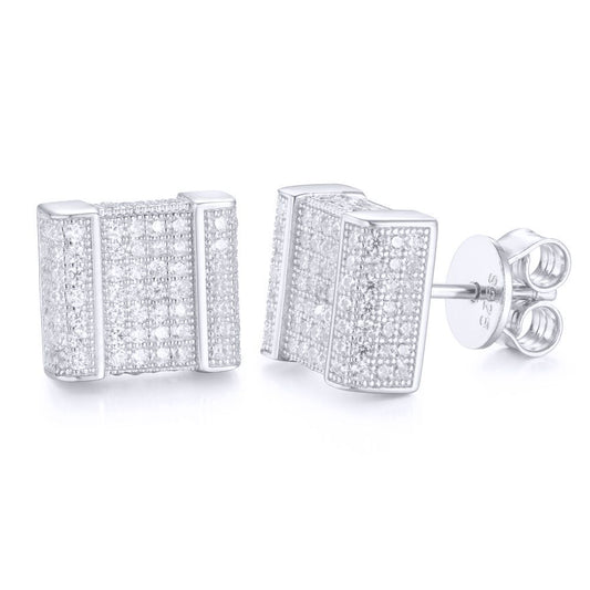 Silver Round CZ Encrusted Accordion Cube Stud Earrings - AES168