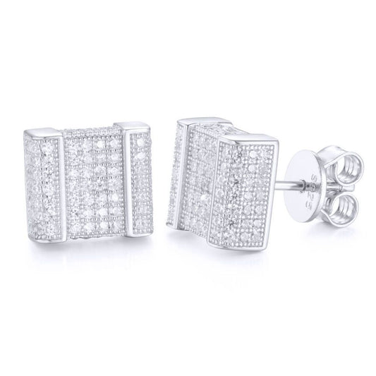 Silver Round CZ Encrusted Accordion Cube Stud Earrings - AES168