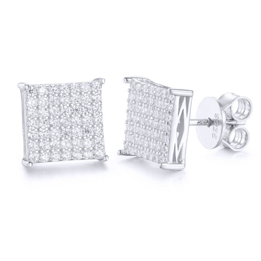 Silver Round CZ Encrusted Square Stage Stud Earrings - AES169