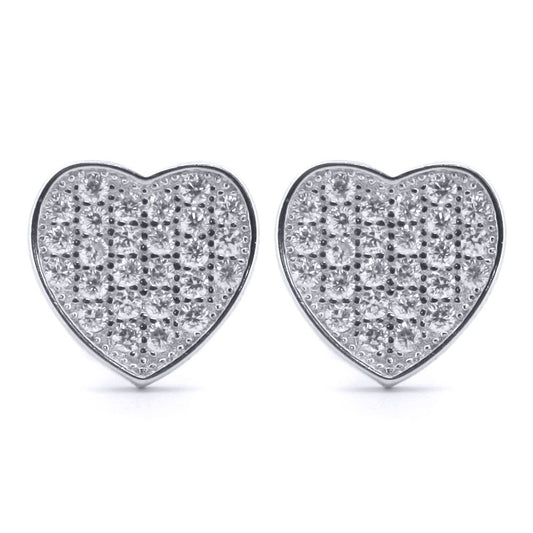 Silver Round CZ Encrusted Love Heart Stud Earrings - AES172