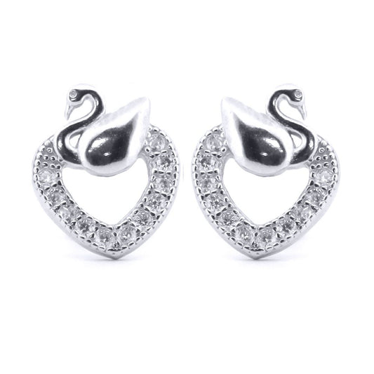 Silver Round CZ Swan Love Heart Stud Earrings - AES173