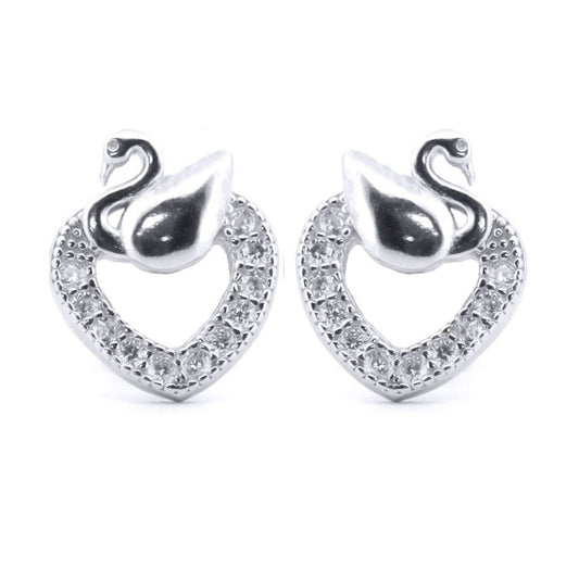 Silver Round CZ Swan Love Heart Stud Earrings - AES173