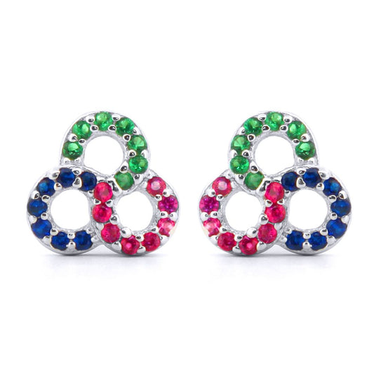 Silver Red Green Blue CZ Triple Infinity Knot RGB Stud Earrings - AES174