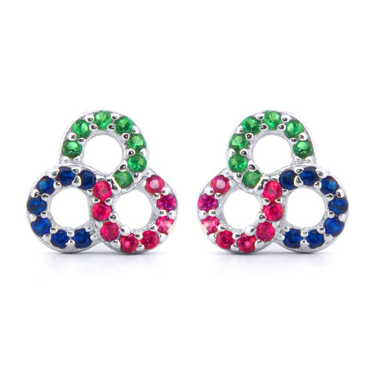 Silver Red Green Blue CZ Triple Infinity Knot RGB Stud Earrings - AES174