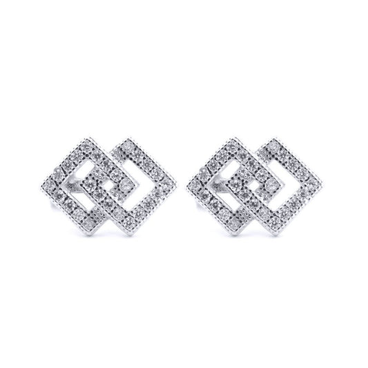 Silver Round CZ Interlocking Squares "Copy" Icon Stud Earrings - AES176