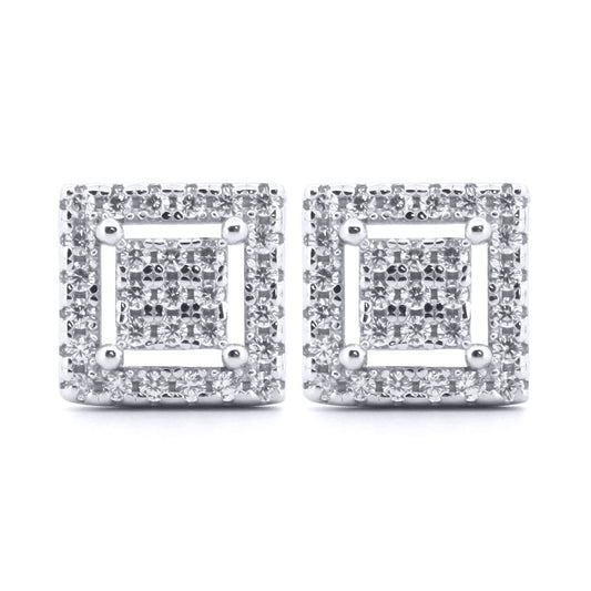 Silver Round CZ Double Insulated Squares Stud Earrings - AES178