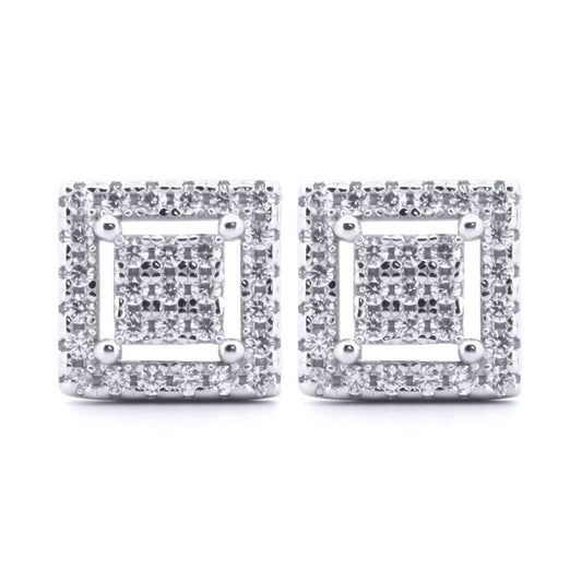 Silver Round CZ Double Insulated Squares Stud Earrings - AES178