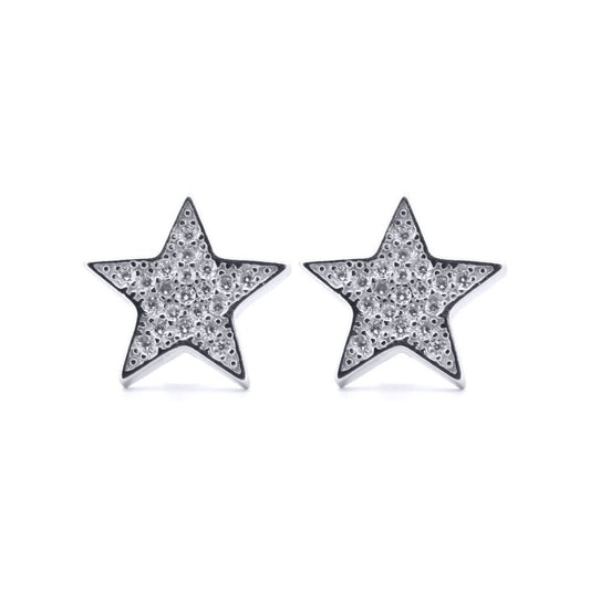Silver Round CZ Encrusted Sparkling Stars Stud Earrings - AES179
