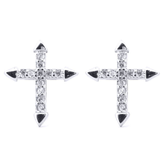 Silver Round CZ Arrowhead Cross Stud Earrings - AES181