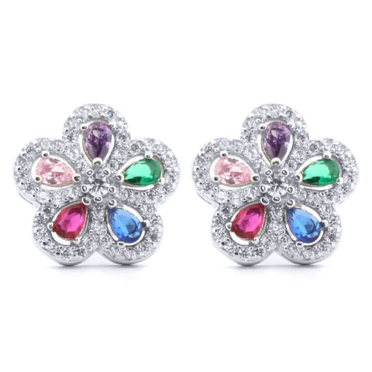 Silver Rainbow Pear CZ Encrusted Hippy Daisy Flower Stud Earrings - AES182