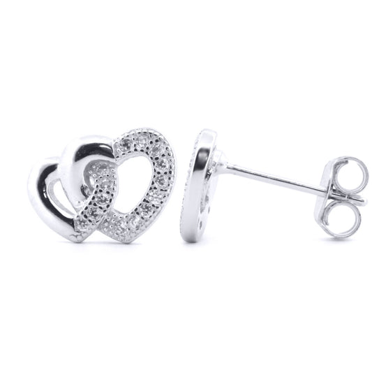 Silver Round CZ Lil n Large Entangled Love Hearts Stud Earrings - AES183