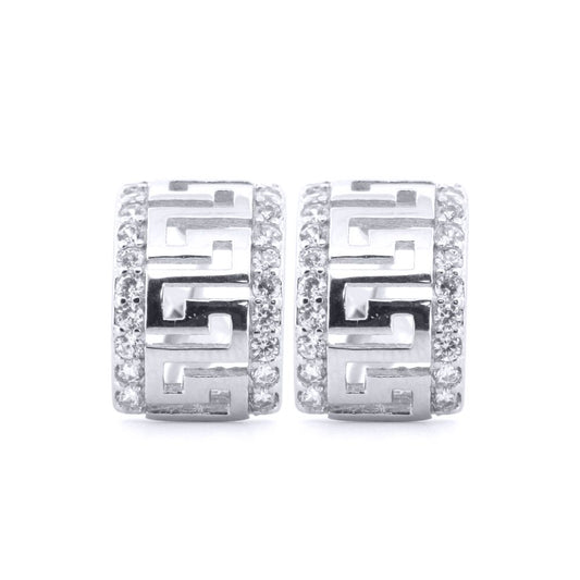 Silver Round CZ Greek Key Semi Hoop Stud Earrings - AES184