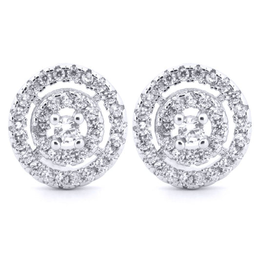 Silver Round CZ Double Halo Solitaire Dartboard Stud Earrings - AES187