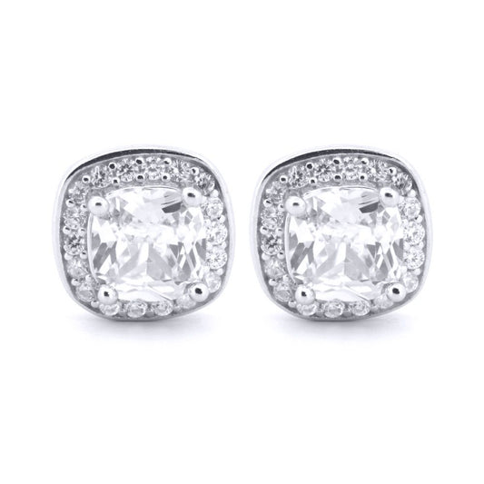 Silver White Cushion CZ Halo Solitaire Stud Earrings - AES189