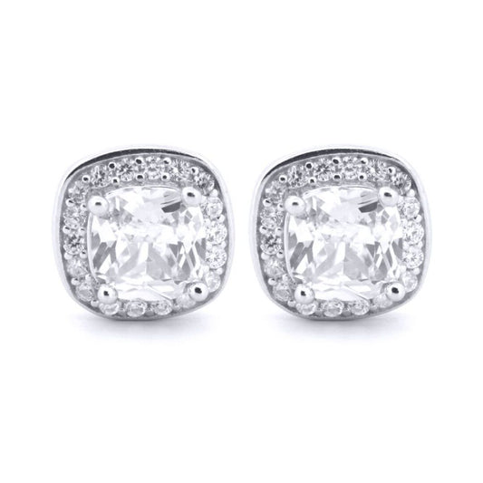 Silver White Cushion CZ Halo Solitaire Stud Earrings - AES189