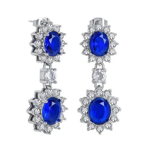 Silver Blue Oval CZ Double Cluster Solitaire Drop Earrings - AES190
