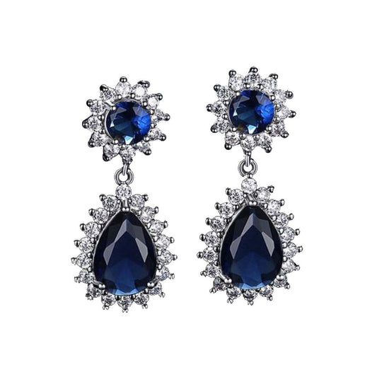 Silver Blue Pear CZ Double Cluster Drop Earrings - AES191