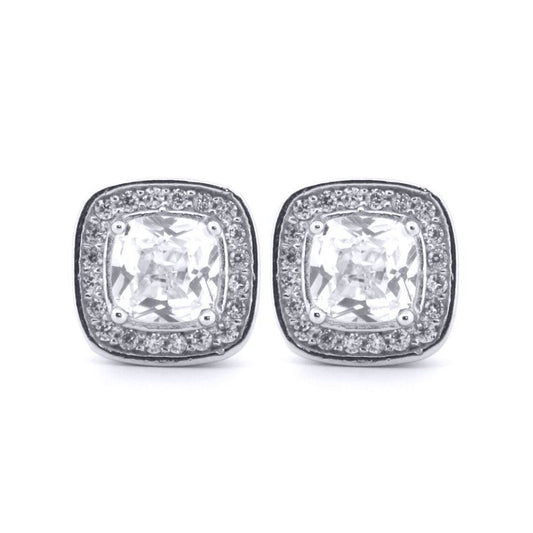 Silver White Cushion CZ Halo Solitaire Stud Earrings - AES192