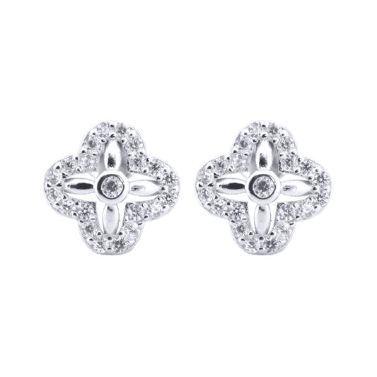 Silver Round CZ Quatrefoil Clover Solitaire Stud Earrings - AES193