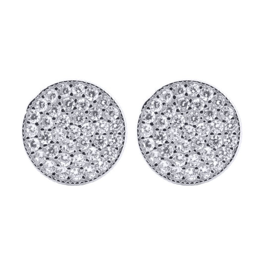 Silver Round CZ Encrusted Round Flat Disc Stud Earrings - AES195