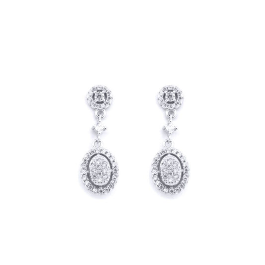 Silver Round CZ Double Cluster Solitaire Drop Earrings - AES197