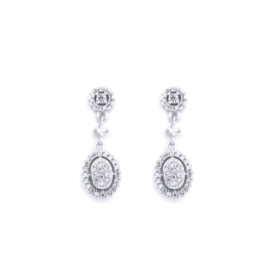 Silver Round CZ Double Cluster Solitaire Drop Earrings - AES197