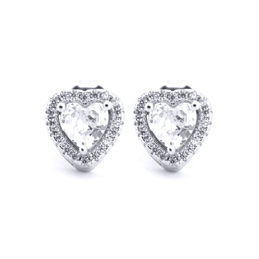 Silver White Heart CZ Halo Solitaire Stud Earrings - AES198